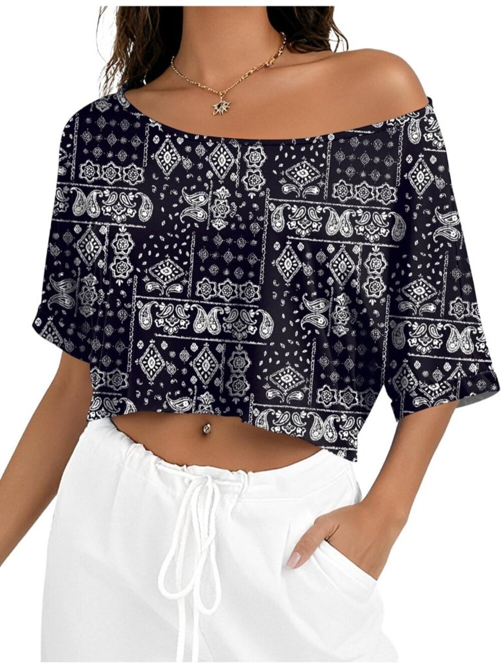 Women's Boho Print Short Sleeve Off The Shoulder Boat Neck Loose Crop Top